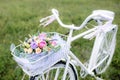 White bicycle with pretty basket of colored roses and peonies in green summer nature Royalty Free Stock Photo