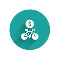 White Bicycle rental mobile app icon isolated with long shadow background. Smart service for rent bicycles in the city