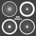 White bicycle wheel symbols collection. Bike rubber tyre silhouettes. Fitness cycle, road and mountain bike. Vector Royalty Free Stock Photo