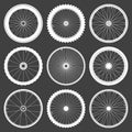 White bicycle wheel symbols collection. Bike rubber tyre silhouettes. Fitness cycle, road and mountain bike. Vector Royalty Free Stock Photo