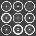 White bicycle wheel symbols collection. Bike rubber tyre silhouettes. Fitness cycle, road and mountain bike. Vector Royalty Free Stock Photo