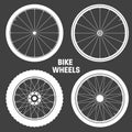 White bicycle wheel symbols collection. Bike rubber tyre silhouettes. Fitness cycle, road and mountain bike. Vector Royalty Free Stock Photo