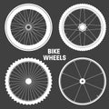 White bicycle wheel symbols collection. Bike rubber tyre silhouettes. Fitness cycle, road and mountain bike. Vector Royalty Free Stock Photo