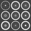 White bicycle wheel symbols collection. Bike rubber tyre silhouettes. Fitness cycle, road and mountain bike. Vector Royalty Free Stock Photo