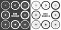 White bicycle wheel symbols collection. Bike rubber tyre silhouettes. Fitness cycle, road and mountain bike. Vector Royalty Free Stock Photo