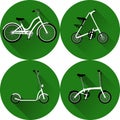 White bicycles, A-bike and scooter on a green background with long shadow