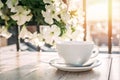 White big cup of delicious coffee on wooden table in sunset light with copy space. Royalty Free Stock Photo