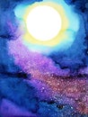 White big full moon on dark blue night sky watercolor painting Royalty Free Stock Photo