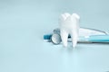 White big healthy tooth, toothbrush and toothpaste for dental care, on light blue dental background Royalty Free Stock Photo