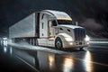 White big rig long haul semi truck at high speed on freeway at raining night Royalty Free Stock Photo