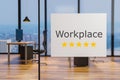 White billboard on glass wall in a clean office workplace, five star rating, 3D illustration Royalty Free Stock Photo