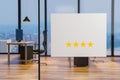 White billboard on glass wall in a clean office workplace, four star rating, 3D illustration