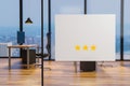 White billboard on glass wall in a clean office workplace, three star rating, 3D illustration Royalty Free Stock Photo