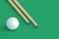 White billiard ball near cues. Game for leisure. Sports equipment. Copy space