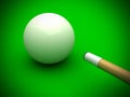 White billiard ball with stick on green pool table