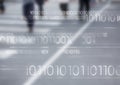 White binary code against blurry road with people Royalty Free Stock Photo