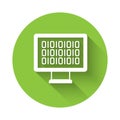 White Binary code icon isolated with long shadow background. Green circle button. Vector Royalty Free Stock Photo