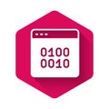 White Binary code icon isolated with long shadow background. Pink hexagon button. Vector Royalty Free Stock Photo