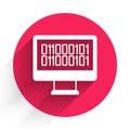 White Binary code icon isolated with long shadow background. Red circle button. Vector Royalty Free Stock Photo