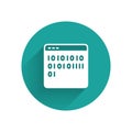 White Binary code icon isolated with long shadow. Green circle button. Vector Royalty Free Stock Photo