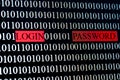 White binary number sequence, red login and password on the monitor.
