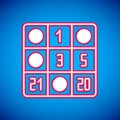 White Bingo card with lucky numbers icon isolated on blue background. Vector