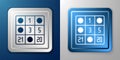 White Bingo card with lucky numbers icon isolated on blue and grey background. Silver and blue square button. Vector