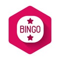 White Bingo icon isolated with long shadow background. Lottery tickets for american bingo game. Pink hexagon button
