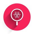 White Biohazard and magnifying glass icon isolated with long shadow. Red circle button. Vector Royalty Free Stock Photo