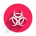 White Biohazard symbol icon isolated with long shadow. Red circle button. Vector Royalty Free Stock Photo
