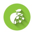 White Biological structure icon isolated with long shadow. Genetically modified organism and food. Green circle button