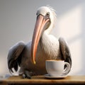 Artificially Crafted Pelican Holding A Coffee Mug In Hyper-realistic Style