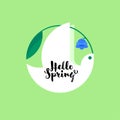 White bird with bluebell flower and cute hello spring lettering