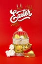 White bird cage with Easter eggs in it on a red background Royalty Free Stock Photo