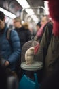 White bird in a cage on a subway train surrounded by people