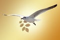 White Bird carrying a dry leaf branch is flying freely in Cloud and sky with a pastel colored background. Royalty Free Stock Photo