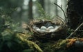 white bird egg nest on a log Royalty Free Stock Photo