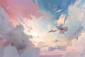 a white bird flying through a cloudy blue and pink sky with white clouds and a pink and blue sky with white clouds and a red and Royalty Free Stock Photo