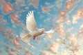 White Bird Flying Through Cloudy Blue Sky Royalty Free Stock Photo