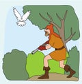 A hunter and bird in the forest illustration Royalty Free Stock Photo