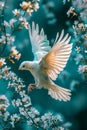 White bird with outstretched wings is flying over tree filled with yellow flowers. Generative AI Royalty Free Stock Photo