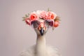 White bird with pink sunglasses and flowers on its head and pink flower crown on its head. Generative AI