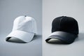 White and Black Baseball Caps Mockup on Grey Background for Trendy Branding. Royalty Free Stock Photo