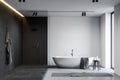 White and black bathroom with tub and shower Royalty Free Stock Photo