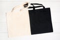 White and black blank shopping tote bag canvas mockup