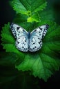 White and black butterfly perched on leaf, created using generative ai technology Royalty Free Stock Photo