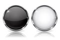 White and black buttons with chrome frame. Round glass shiny 3d icons