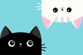 White black cat smiling sad head face icon set. Upsidedown kitten. Cute cartoon funny baby character. Pink cheeks. Funny kawaii