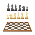 White and black chess pieces and chessboard set. Intellectual strategic board game vector illustration Royalty Free Stock Photo