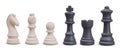 White and black chess pieces lined up in row. Realistic knight, bishop, pawn, king, rook, queen Royalty Free Stock Photo